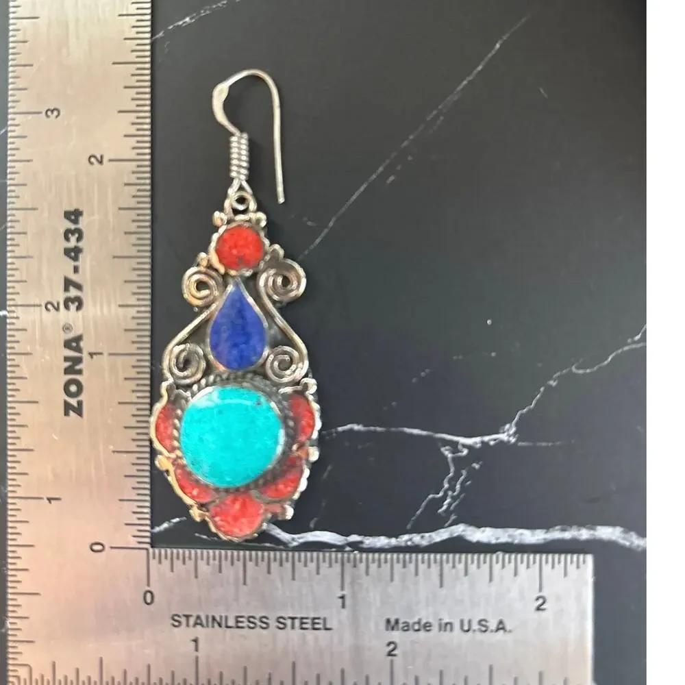 Tibetan Silver Turquoise Lapis Lazuli & Red Coral Dangle Earrings